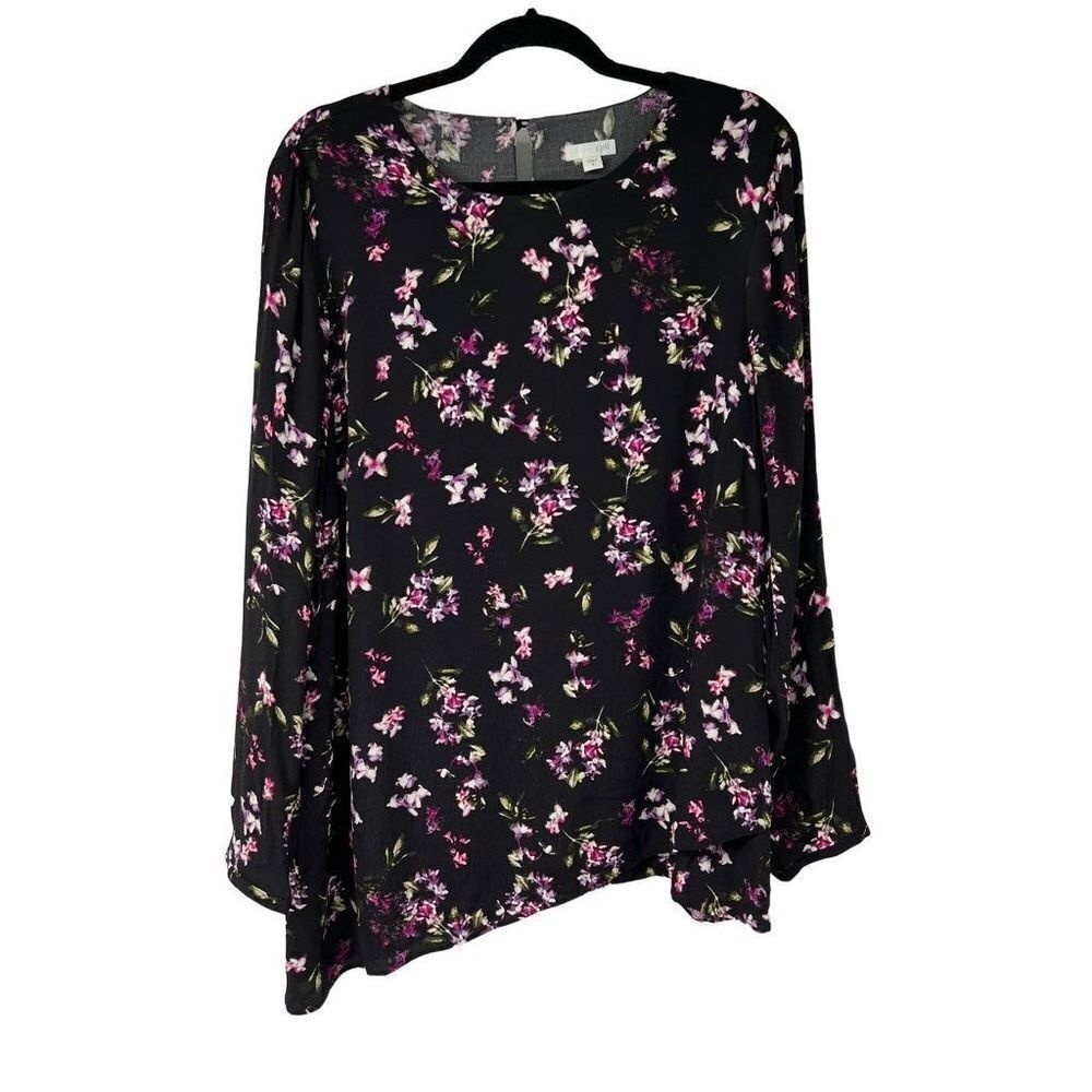 J. Jill Black Pink Floral Asymmetrical Blouse Womens M